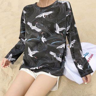 Long-sleeve Crane Print T-shirt