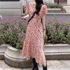 Short-sleeve V-neck Floral Slit Dress Red & White - One Size