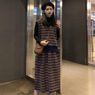 Plaid V-neck Knit Vest / Plaid A-line Midi Skirt