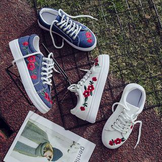 Embroidery Denim Lace-up Sneakers