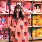 Long-sleeve Strawberry Print Midi Knit Dress