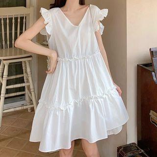 Ruffle Trim Sleeveless V-neck A-line Dress