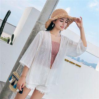 3/4-sleeve Open Front Chiffon Light Jacket White - One Size