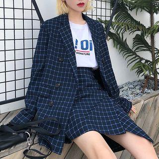 Double-breasted Check Blazer / Mini A-line Skirt / Wide-leg Dress Pants