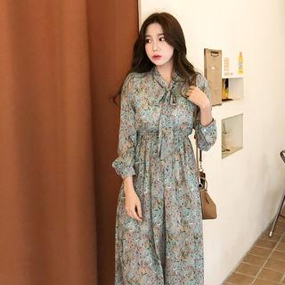 Tie-neck Floral Print Chiffon Dress Blue Green - One Size