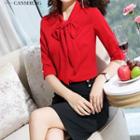Set: Elbow-sleeve Tie-neck Blouse + Pencil Skirt