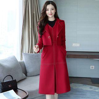 Set: Cropped Snap-buttoned Jacket + Sleeveless V-neck A-line Dress