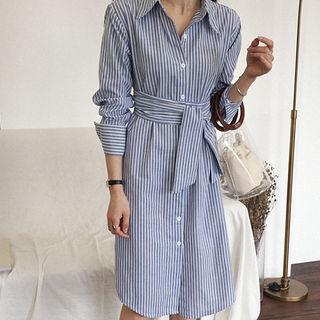Wide-cuff Stripe Midi Shirtdress With Sash