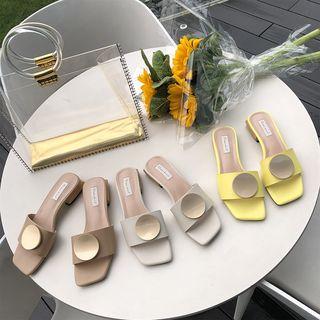 Metal Disc Faux Leather Slide Sandals