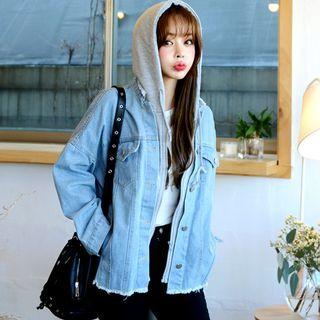Contrast-hooded Fray-hem Denim Jacket