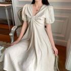 Short-sleeve Twisted A-line Midi Dress Dress - Beige - One Size
