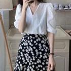 Set: Elbow-sleeve V-neck Top + Floral Print Midi A-line Skirt