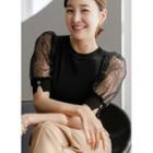 Metallic-trim Lace-sleeve Knit Top