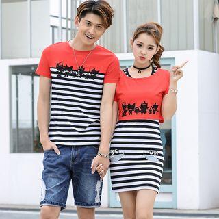 Couple Matching Cartoon Print Striped Short Sleeve T-shirt/ Set: Short Sleeve Top + Tank Dress