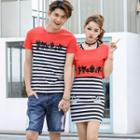 Couple Matching Cartoon Print Striped Short Sleeve T-shirt/ Set: Short Sleeve Top + Tank Dress