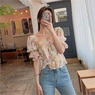 Square-neck Floral Print Top With Brooch Pink - One Size