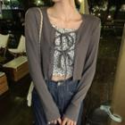 Set: Tie-front Plain Cardigan + Patterned Cropped Camisole Top