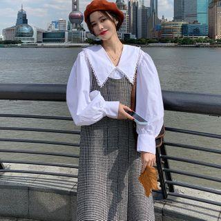 Plain Blouse / Spaghetti Strap Houndstooth Midi Dress