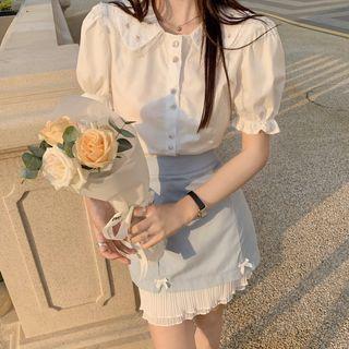 Puff-sleeve Lace Collar Blouse / Frill Trim Mini Pencil Skirt