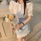 Puff-sleeve Lace Collar Blouse / Frill Trim Mini Pencil Skirt