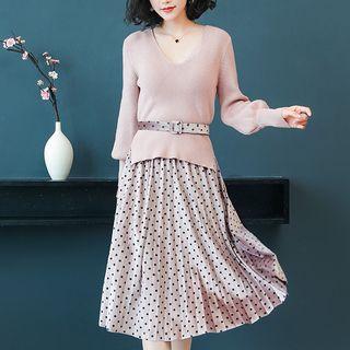 Set: V-neck Sweater + Dotted A-line Skirt