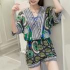 Set: V-neck Printed 3/4-sleeve Top + Printed Shorts
