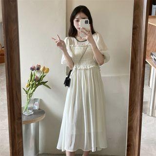 Puff-sleeve Ruffled Smocked Midi A-line Dress