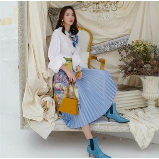 Puff Sleeve Blouse / Pleated A-line Midi Skirt