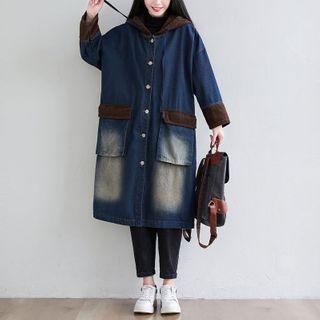 Long Hooded Denim Jacket Dark Blue - One Size