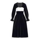 Bell-sleeve Two-tone Velvet Midi A-line Dress