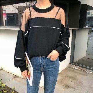 Mesh Puff-sleeve Loose-fit Top