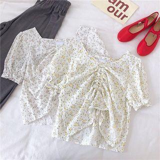 V-neck Floral Frilled Lace-up Flare-sleeve Blouse