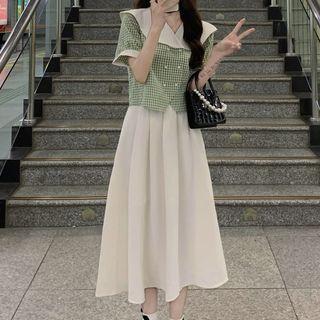 Short-sleeve Double Breasted Plaid Blouse / A-line Skirt