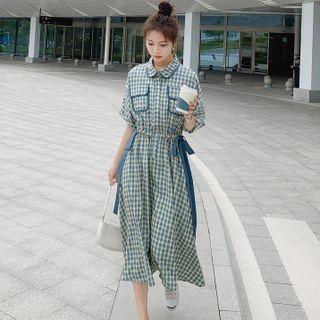 Short Sleeve Plaid Tie-waist A-line Shirtdress