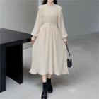 Long-sleeve Lace Trim Mesh Midi Dress