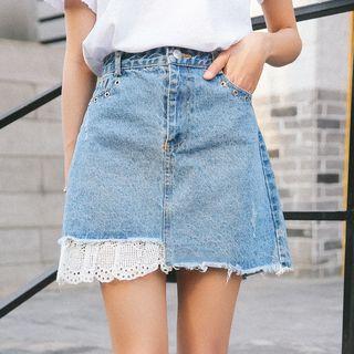 Eyelet Lace Trim Denim Skirt