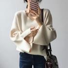Plain Bell-sleeve V-neck Sweater