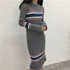 Long-sleeve Color Block Midi Knit Dress Gray - One Size