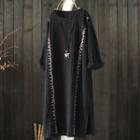 Embroidered Long-sleeve A-line Midi Dress