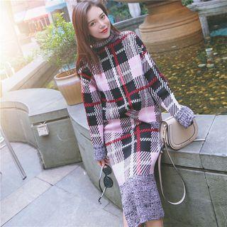 Set: Turtle-neck Plaid Knit Top + Plaid Knit Skirt