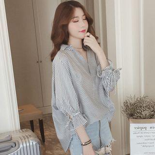 Long-sleeve Striped Open-collar Top