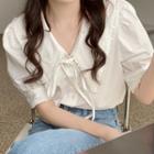 Puff-sleeve Peter Pan-collar Plain Bow Blouse White - One Size