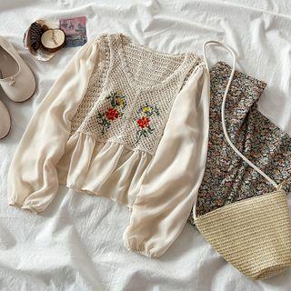 Puff-sleeve Floral Embroidered Blouse / Floral Print Midi A-line Skirt
