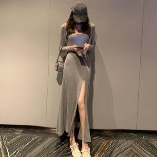 Slited Tank Maxi Dress / Hooded Light Cardigan