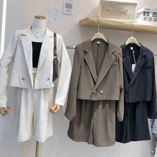 Set: Double-breasted Cropped Blazer + Straight-cut Shorts