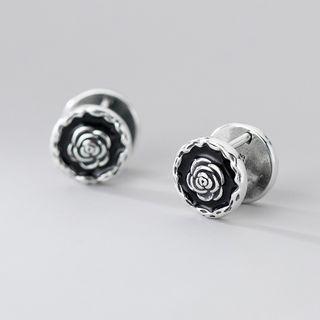 Flower Sterling Silver Earring 1 Pair - Silver & Black - One Size