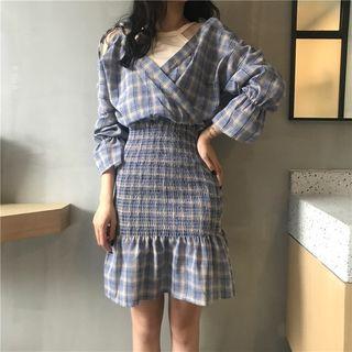 Mock Two Piece Plaid Smocked Dress