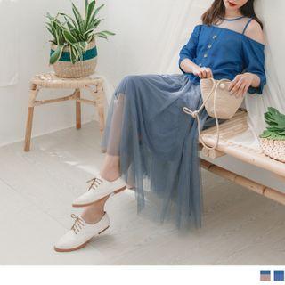 Cold Shoulder Mesh Panel Denim A-line Dress