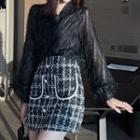 Long-sleeve Plain Top / High-waist Plaid Skirt