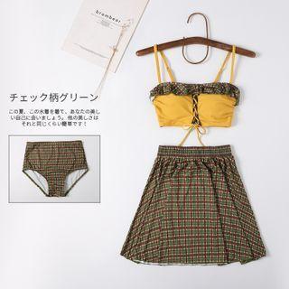Set: Spaghetti Strap Swim Top + Plaid Skirt + Bottom